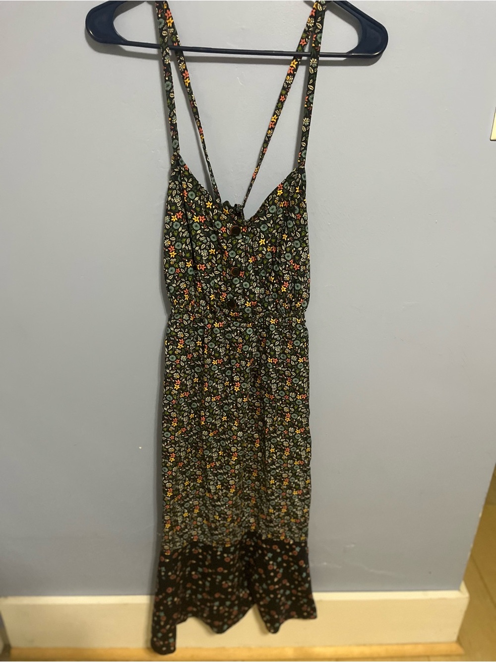 Patagonia Black Floral Strappy Maxi Dress with Green and Yellow Accents